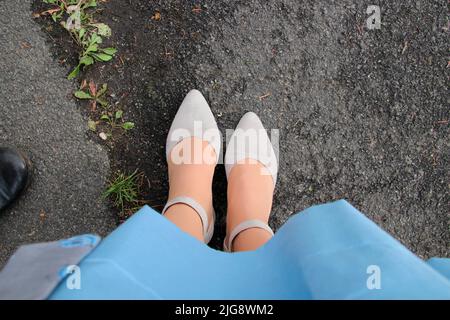 Feet of a woman in Drindl costume taken from above, Dirndl, traditional costume, Bavaria, Upper Bavaria, Traditional Stock Photo