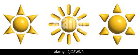 Set of 3d sun icons. Summer, weather, nature, space concept. Stock Vector
