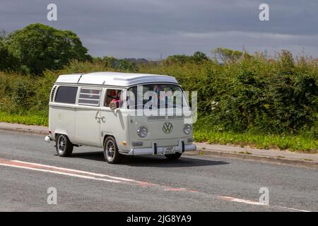 1970 70s seventies VW Volkswagan Type 2 Kombi 1600cc petrol campervan; en-route to Hoghton Tower for the Supercar Summer Showtime car meet which is organised by Great British Motor Shows in Preston, UK Stock Photo