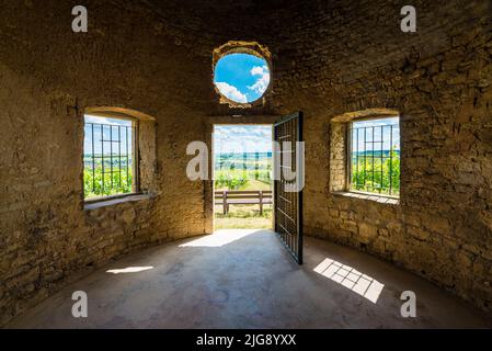 inside the Babo cottage in Rheinhessen, a cottage in the vineyard, so-called trullo, in reference to similar cottages in Apulia, serves as a shelter for the winegrowers in bad weather, Stock Photo