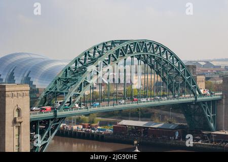 Newcastle upon Tyne UK: 15th April 2022 view of the famous Newcastle Quayside and Tyne Bridge from a high viewpoint (at Above in the Vermont Hotel) on Stock Photo