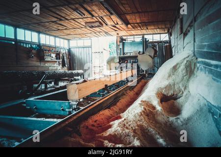 Sawmill. Process of machining logs in equipment sawmill machine saw saws the tree trunk on the plank boards. Wood sawdust work sawing timber wood wooden woodworking Stock Photo