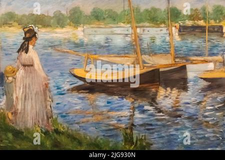 England, London, Somerset House, The Courtauld Gallery, Painting titled 'Banks of the Seine at Argenteuil' by Edouard Manet dated 1874 Stock Photo