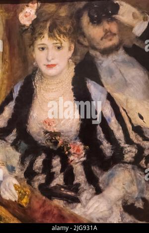 England, London, Somerset House, The Courtauld Gallery, Painting titled 'La Loga (The Theatre Box)' by Pierre-Auguste Renoir dated 1874 Stock Photo