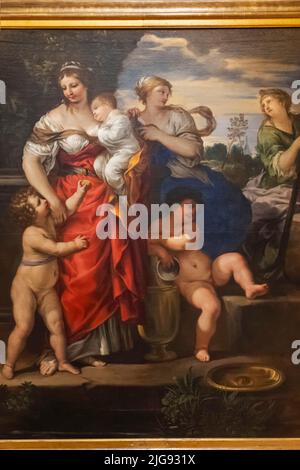 England, London, Somerset House, The Courtauld Gallery, Painting of Three Women Personifying The Christian Virtues of Faith, Hope and Charity by Pietro da Cortona Stock Photo