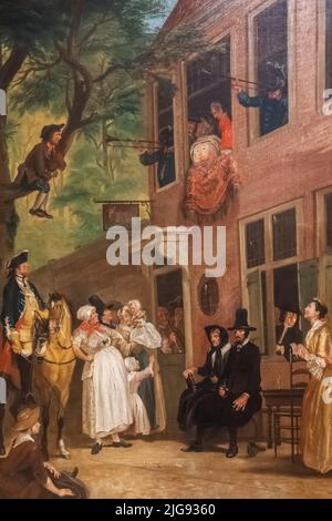 Painting titled 'Misled: The Ambassador of the Rascals Exposes himself from the Window of 't Bokki Tavern in the Haarlemmerhout' by Dutch Artist Cornelis Troost dated 1739 Stock Photo