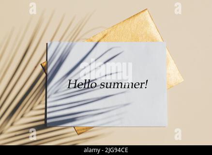Top view of green tropical leaf shadow and two envelopes. Flat lay. Minimal summer concept with palm tree leaf. Hello summer. Stock Photo