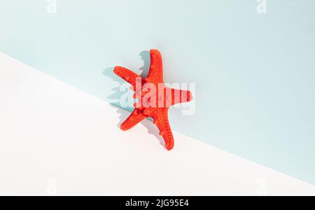 Red starfish on pastel blue and white background with copy space and sunlight. Summer vacation concept. Stock Photo