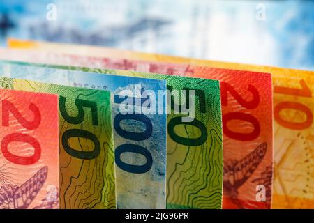 Swiss banknotes of various denominations. These new banknotes are the eighth series of banknotes which were introduced between 2016 and 2019. Stock Photo