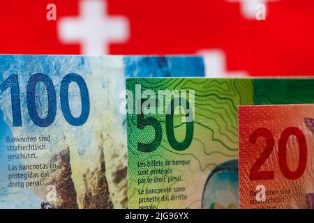 Here are three Swiss banknotes of various denominations. These new banknotes are the eighth series of banknotes which were introduced between 2016 and Stock Photo