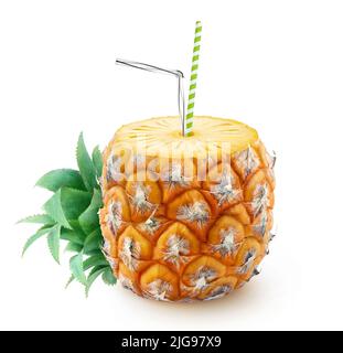 Pineapple juice. Half of pineapple fruit with drinking straws isolated on white background Stock Photo