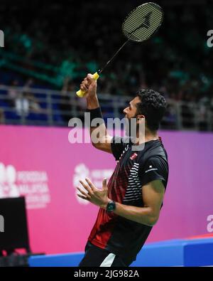 Kuala Lumpur, Malaysia. 08th July, 2022. Prannoy H. S. of India celebrates after defeating Kanta Tsuneyama of Japan during the Men's Single quarter-finals match of the Perodua Malaysia Masters 2022 at Axiata Arena, Bukit Jalil. Prannoy H. S. won with scores; 25/22: 23/20 Credit: SOPA Images Limited/Alamy Live News Stock Photo