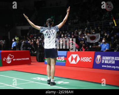 Kuala Lumpur, Malaysia. 08th July, 2022. An Se Young of Korea celebrates after defeating Ratchanok Intanon of Thailand during the Women's Single quarter-finals match of the Perodua Malaysia Masters 2022 at Axiata Arena, Bukit Jalil. An Se Young won with scores; 13/21/21 : 21/13/12 (Photo by Wong Fok Loy/SOPA Images/Sipa USA) Credit: Sipa USA/Alamy Live News Stock Photo