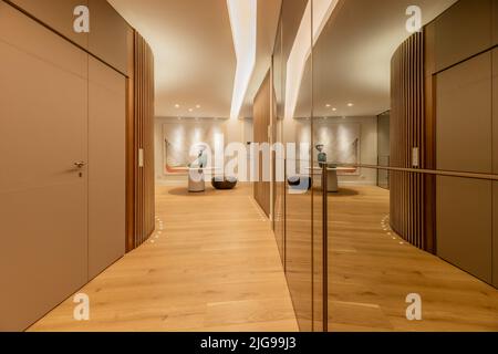 Corridor of a house with walls covered with mirrors, leather with seams and wooden latticework Stock Photo