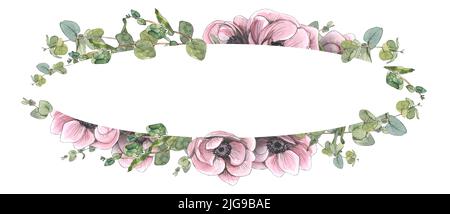 Horizontal oval frame of pink flowers of anemones and eucalyptus twigs. Watercolor illustration with sketch-style graphic elements. A board from a Stock Photo