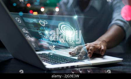 Data scientists using laptop 3D virtual interface screen -marketing and artificial intelligence Stock Photo