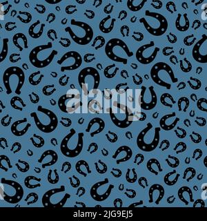 Lucky horseshoes, silhouettes, seamless vector pattern on blue background Stock Vector