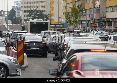 Bucharest, Romania - July 07, 2022: Construction site of the Doamna Ghica Overpass, which was supposed to be completed two years ago, and the difficul Stock Photo