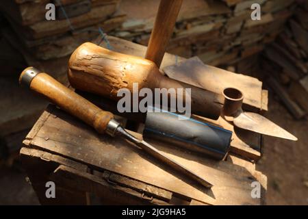 Tool kit for works: Hammer, drilling machine,  screw Stock Photo