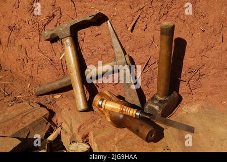 Tool kit for works: Hammer, drilling machine,  screw Stock Photo