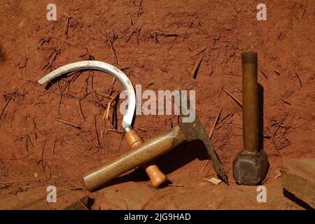 Tool kit for works: Hammer, drilling machine,  screw Stock Photo