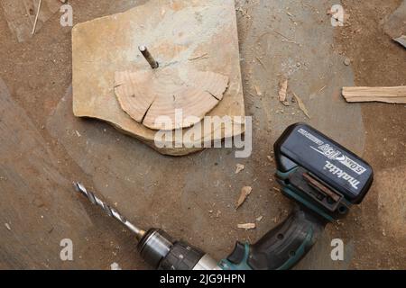 Tool kit for works: Hammer, drilling machine,  screw Stock Photo