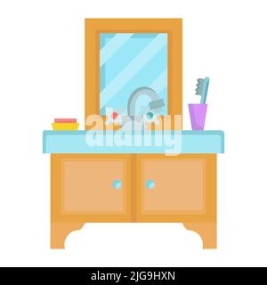 Sink in the bathroom vector interior illustration faucet. Room design home and washbasin with water. Bathtub basin and clean toilet. House furniture h Stock Vector