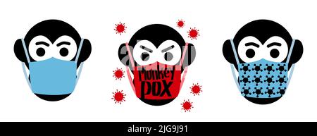 Monkeypox virus outbreak icon set. Vector gorilla in face mask. Health monkey pox emergency. Viral smallpox infection Stock Vector