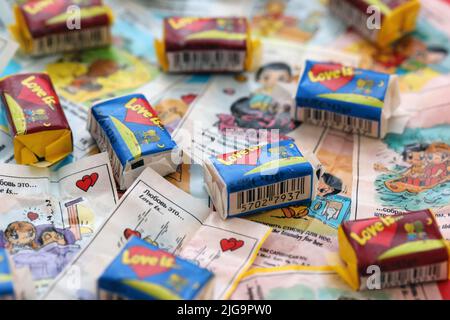 TERNOPIL, UKRAINE - JUNE 23, 2022: Love is - turkish bubble gum from 1990s popular in russian region. Various flavors of Love is chewing gum with line Stock Photo