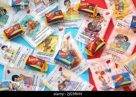 TERNOPIL, UKRAINE - JUNE 23, 2022: Love is - turkish bubble gum from 1990s popular in russian region. Various flavors of Love is chewing gum with line Stock Photo