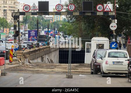 Bucharest, Romania - July 07, 2022: Rehabilitation works of the Unirii Passage on Ion C Bratianu Boulevard. Stock Photo