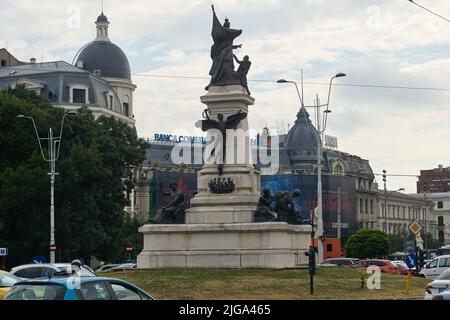 Bucharest, Romania - July 07, 2022: The monument of the liberal Ion C. Bratianu in the University Square in Bucharest. Stock Photo