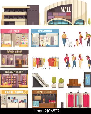 Shopping mall icon set with mall gift shop fashion boutique book store tech shop and coffee descriptions vector illustration Stock Vector