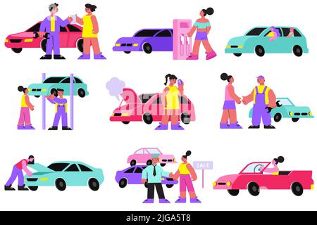 Woman car set with problems on road symbols flat isolated vector illustration Stock Vector