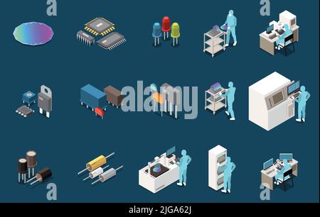 Semiconductor chip production isometric set with isolated icons of electronic components circuitry lab equipment and workers vector illustration Stock Vector