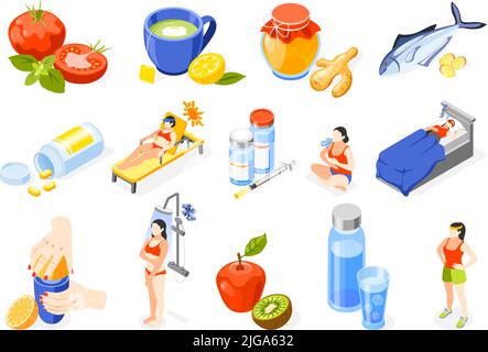 Strengthening immunity isometric icon set life with sports healthy food vitamins medicines vector illustration Stock Vector