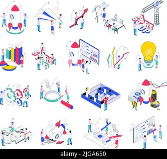 Business idea strategy and startup isometric color icons with people participating in the creation of new projects isolated vector illustration Stock Vector