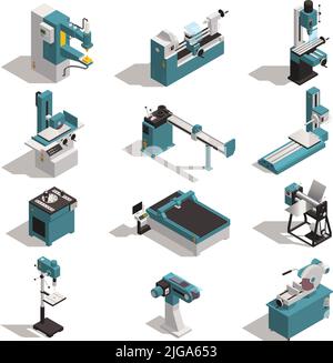 Metalworking equipment isometric set with metal turning lathe cutting drilling bending rod rolling machines isolated vector illustration Stock Vector