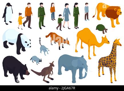 Isometric zoo color set with isolated human characters of visitors and various animals on blank background vector illustration Stock Vector