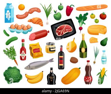 Food isolated color icons set of bread vegetables fruits dairy and meat natural production on white background flat vector illustration Stock Vector