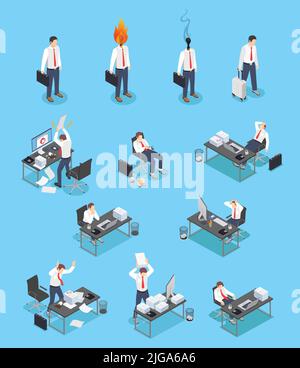 Professional burnout depression frustration isometric set of isolated icons human characters of distracted workers and workspaces vector illustration Stock Vector