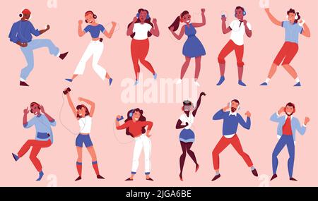 Happy dancing teens with earphone listening to music isolated icons on rose background flat vector illustration Stock Vector