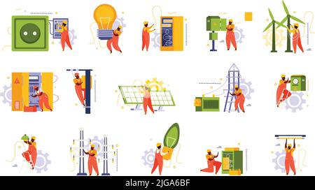 Electricity and lighting flat recolor set of isolated icons with domestic sockets light bulbs and workers vector illustration Stock Vector