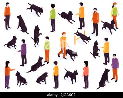 Isometric dog training color set of isolated icons characters of people with dogs in different poses vector illustration Stock Vector