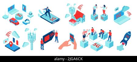 Internet 5g electronic devices smartphone laptop smart home appliances startup team launch isometric set isolated vector illustration Stock Vector