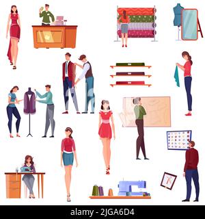 Tailoring flat icons set of people involved in modeling modern clothes handiwork and fashion show isolated vector illustration Stock Vector