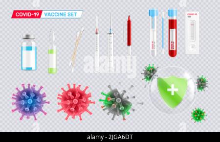 Coronavirus vaccine realistic set of isolated icons on transparent background with syringe test tubes and viruses vector illustration Stock Vector