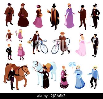 Isometric victorian lady gentlemen fashion set of isolated icons with characters of adult aristocracy and children vector illustration Stock Vector