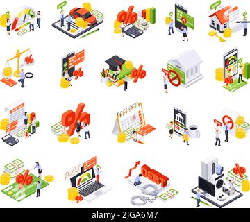 Bank loan isometric set of isolated financial icons with small human characters of clerks and clients vector illustration Stock Vector