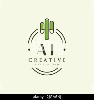 AT Initial letter green cactus logo template vector Stock Vector